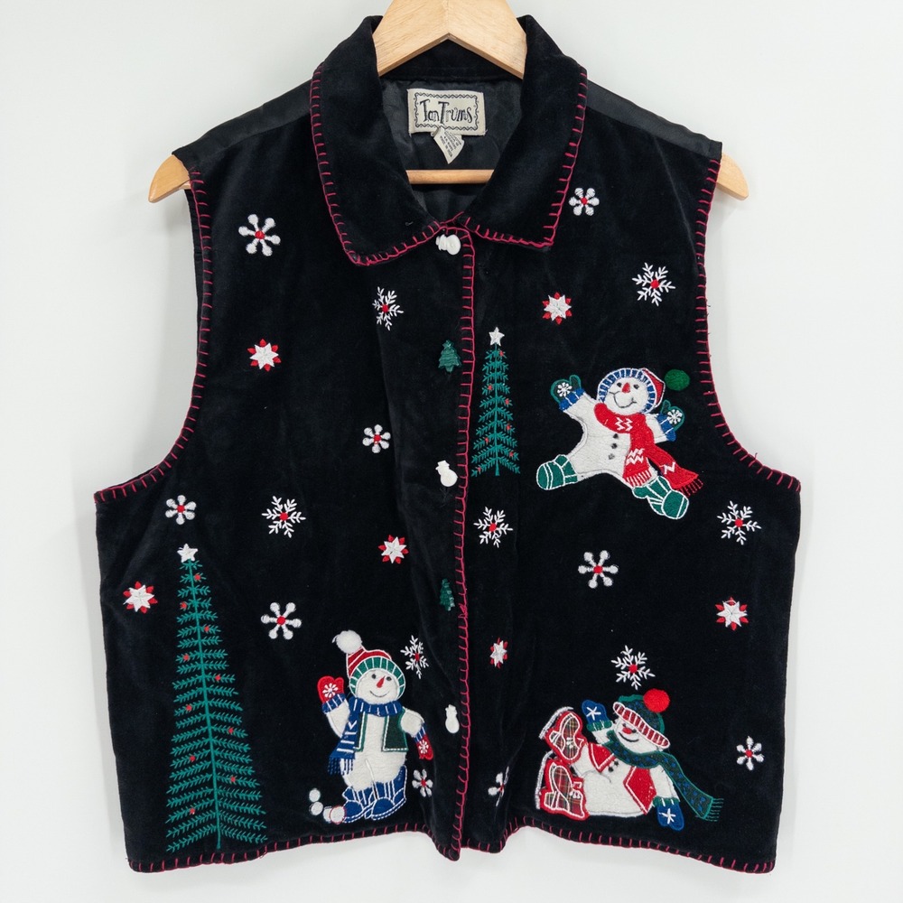 Vintage TanTrums Holiday Vest Women L Black Velvet Snowman Christmas Granny Snow